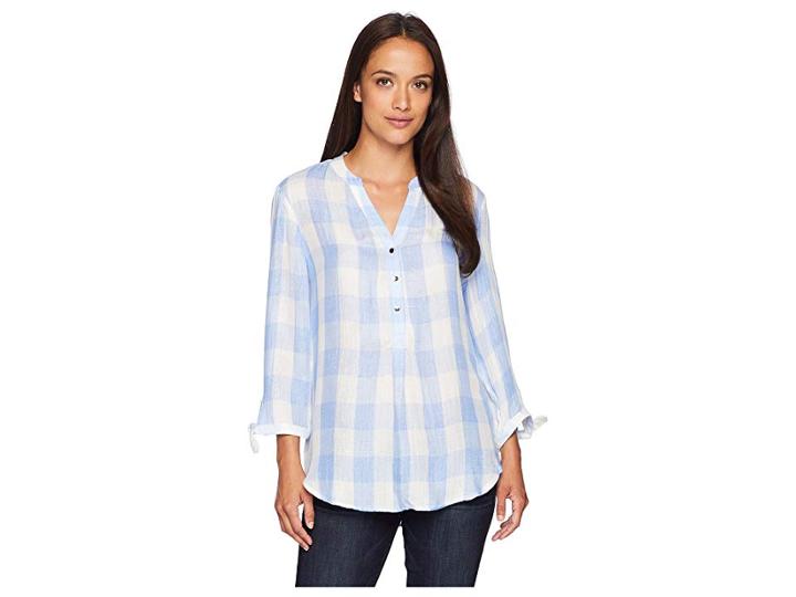 Ivanka Trump Long Tie Sleeve Gingham Top (blue/ivy) Women's Clothing