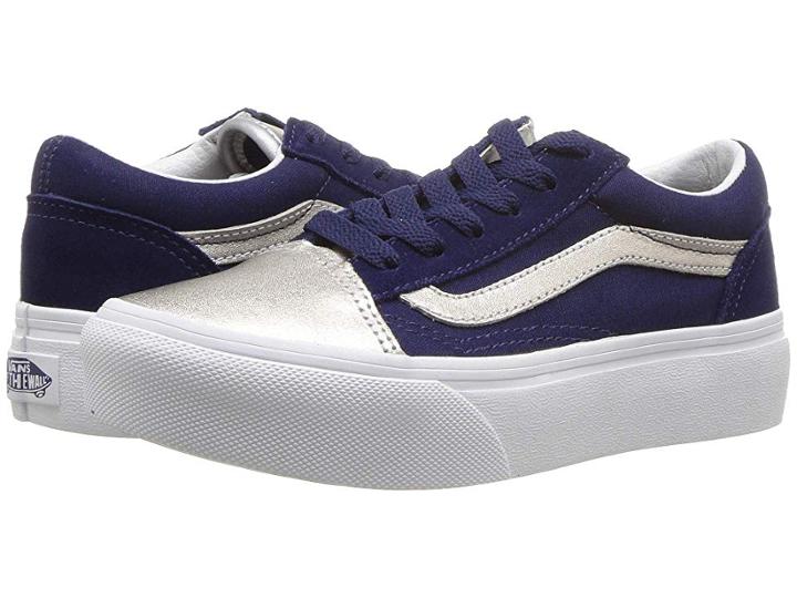 Vans Kids Old Skool Platform (little Kid/big Kid) ((metallic Toe) Medieval Blue/silver) Girls Shoes