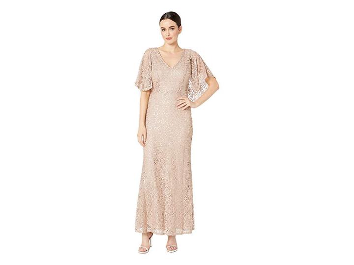 Marina Sequin Stretch Lace V-neck Gown With Cape (taupe) Women's Clothing