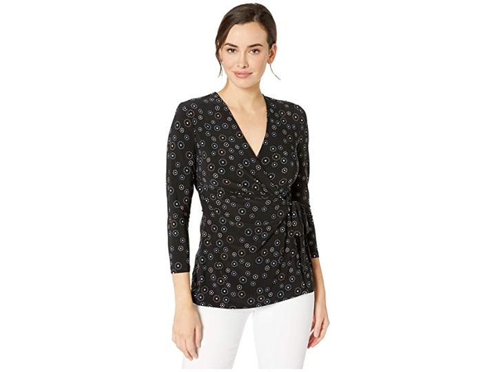 Anne Klein Simone Print 3/4 Sleeve Wrap Top (anne Black/versailles Combo) Women's Blouse