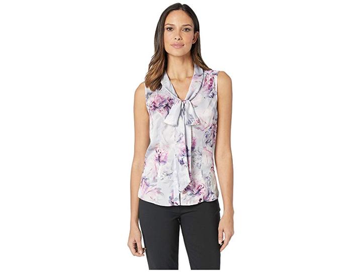 Tahari By Asl Floral Sleeveless Low Bow Blouse (grey/ivory/pink) Women's Clothing