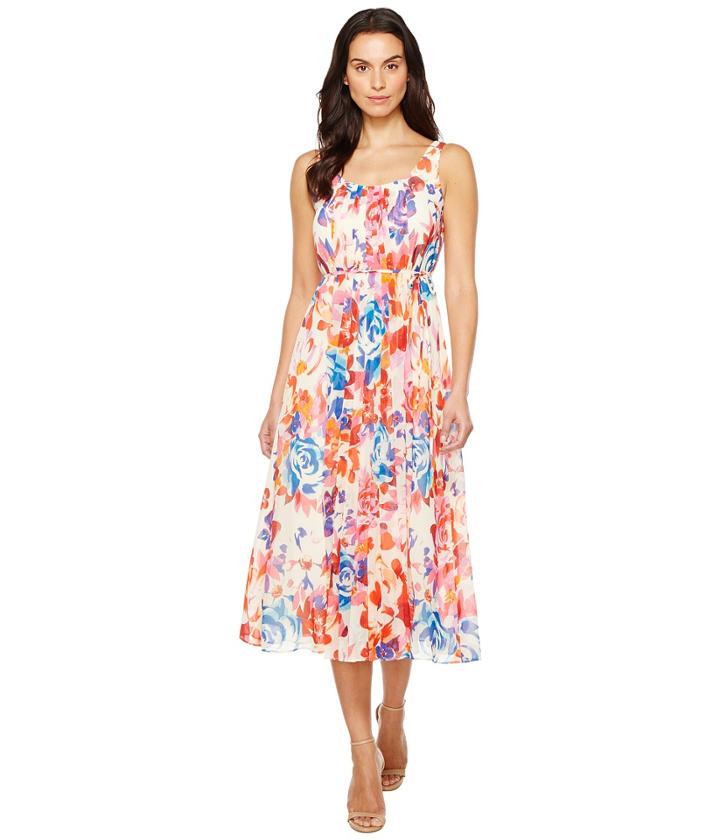 Donna Morgan Pleated Front Chiffon Midi Dress (white Cap Grey/passion Pink/papaya Multi) Women's Dress