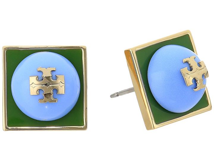 Tory Burch Stacked Logo Stud Earrings (tory Gold/leaf Green/light Chambray) Earring