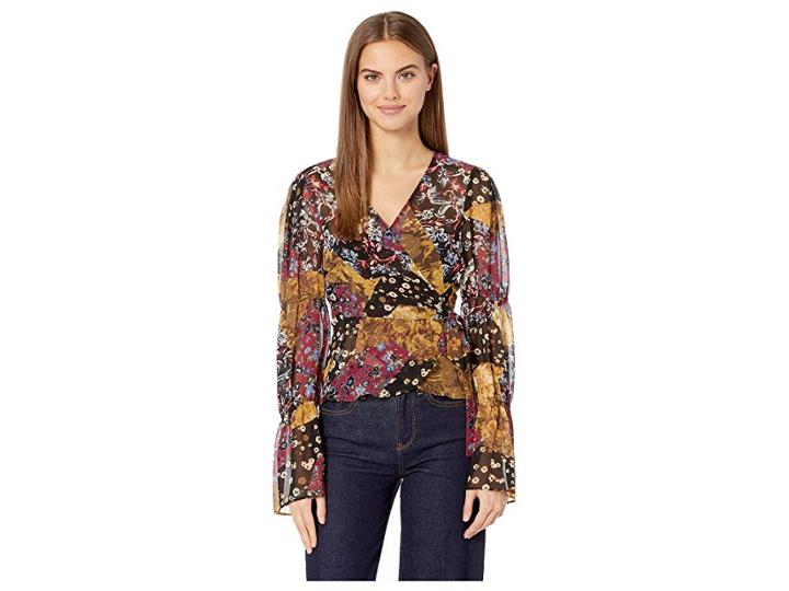Bcbgeneration Bubble Sleeve Wrap Top (black Multi Combo) Women's Clothing