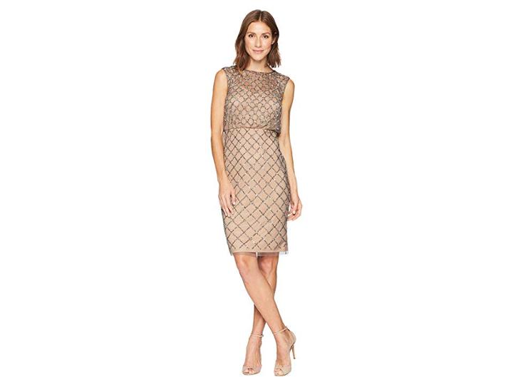 Adrianna Papell Fully Beaded Cap Sleeve Cocktail Dress (lead Nude) Women's Dress