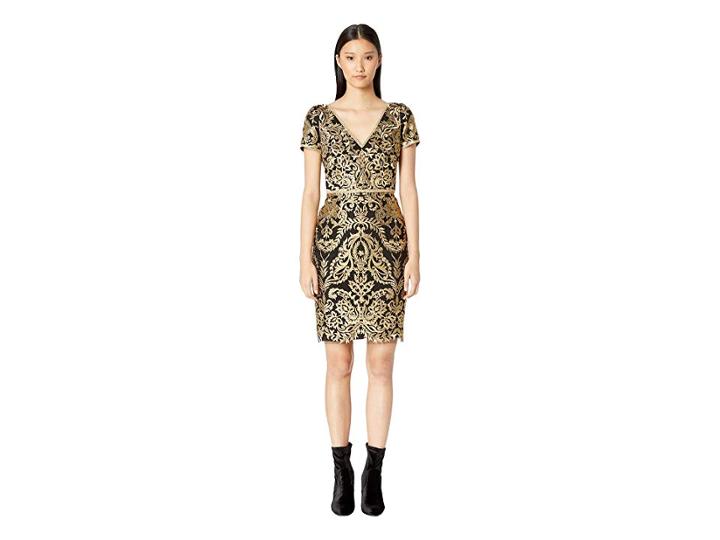 Marchesa Notte Short Sleeve Metallic Embroidered Cocktail Dress (gold) Women's Dress