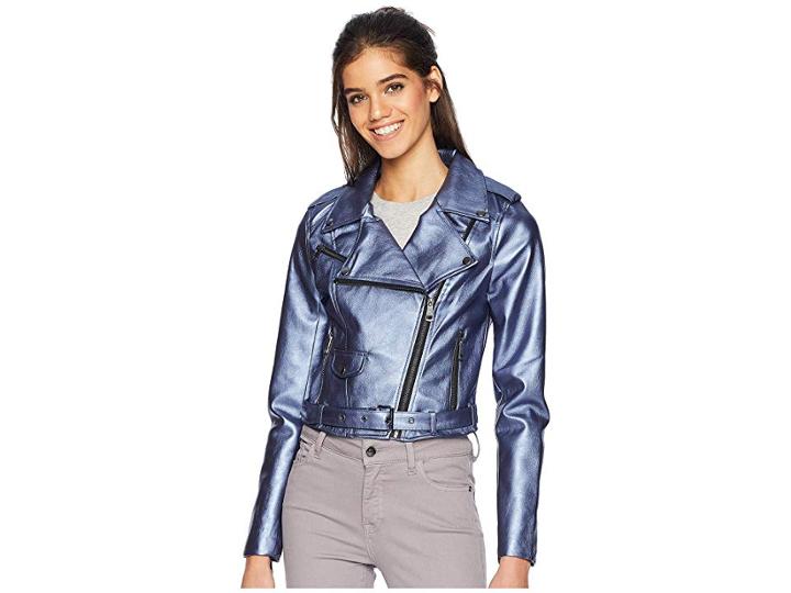 Romeo & Juliet Couture Shiny Faux Leather Biker Jacket (blue Steel) Women's Coat