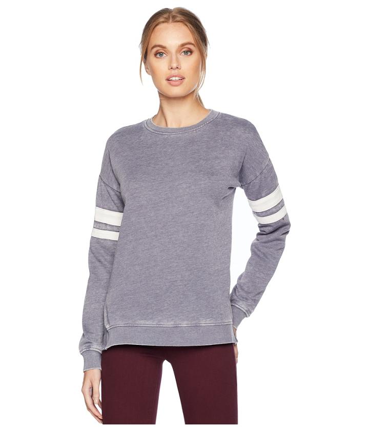 Pink Rose Drop Shoulder Long Sleeve Crew Neck Sweatshirt W/ Contrast Armbands Rib Trims Side Slit (blue Combo) Women's Sweatshirt