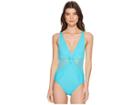 Michael Michael Kors Layered Illusion V-neck One-piece Swimsuit W/ Mesh Insert Removable Soft Cups (turquoise) Women's Swimsuits One Piece