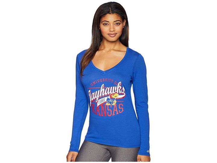 Champion College Kansas Jayhawks Long Sleeve V-neck Tee (royal 2) Women's T Shirt