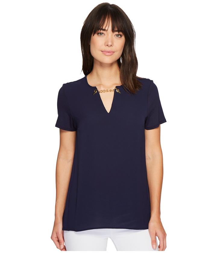 Michael Michael Kors Woven Mix Short Sleeve Chain Top (true Navy) Women's Short Sleeve Pullover