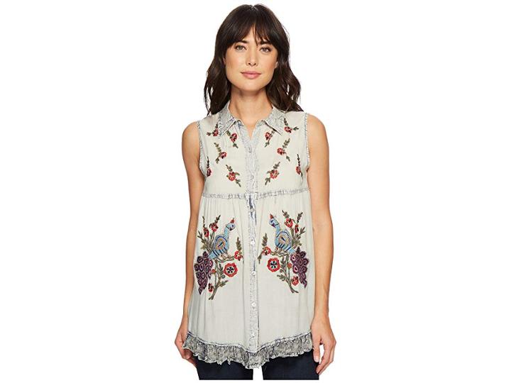 Scully Angeline Button Front Embroidered Top (vintage Blue) Women's Clothing
