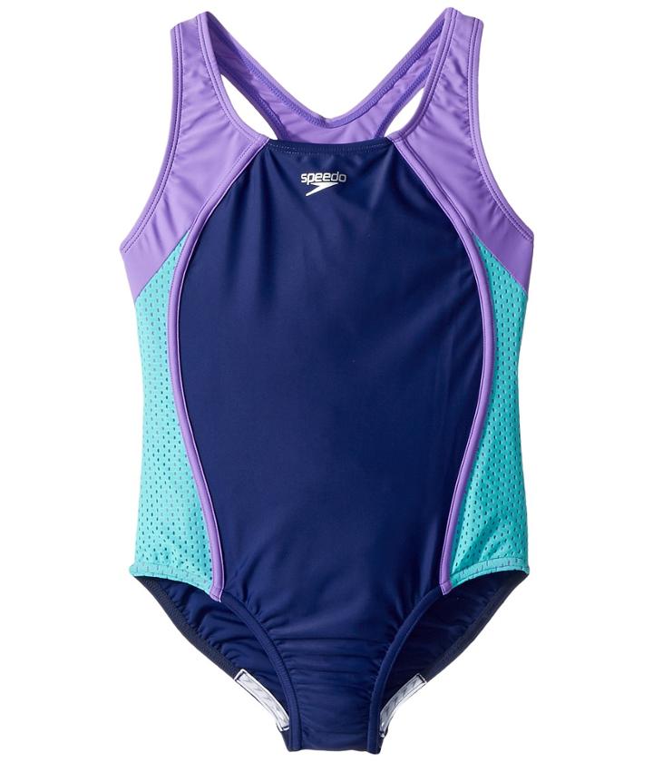 Speedo Kids Mesh Splice Thick Strap One-piece Swimsuit (big Kids) (blue Harmony) Girl's Swimsuits One Piece