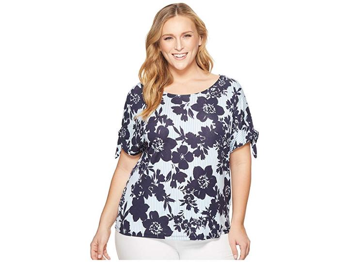 Calvin Klein Plus Plus Size Short Sleeve Top With Tie Sleeves (indigo Multi) Women's Short Sleeve Pullover