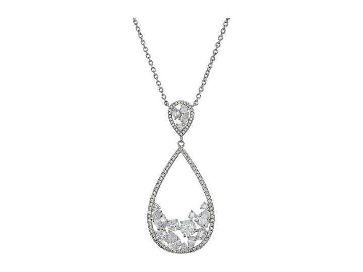 Nina Open Teardrop With Stone Cluster Pendant Necklace (palladium/white Cz) Necklace