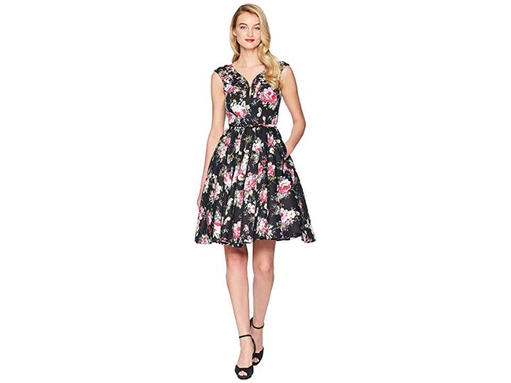 Unique Vintage Olive Swing Dress (black Floral) Women's Dress
