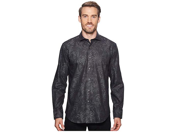 Bugatchi Shaped Fit Palm Fronds Woven Shirt (black 1) Men's Long Sleeve Button Up