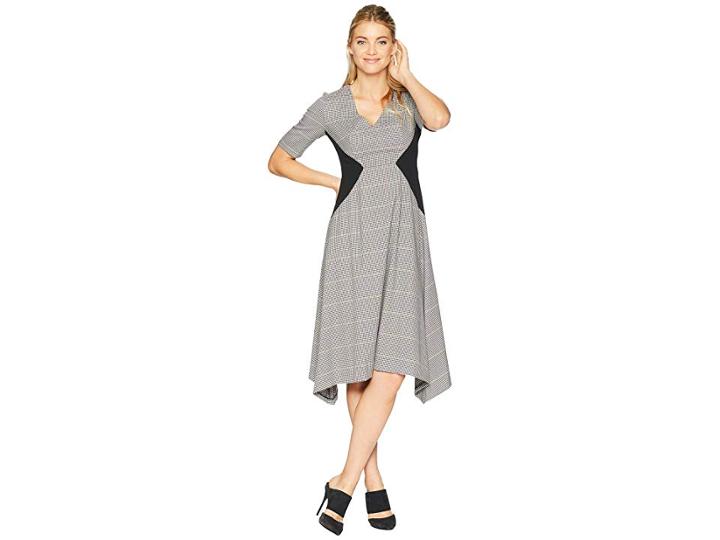 Donna Morgan Short Sleeve Fit And Flare Dress With Asymmetrical Hem (brown Multi) Women's Dress