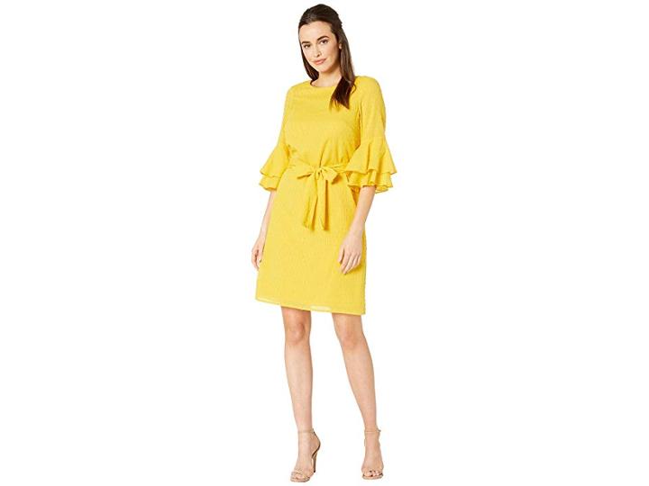 Nine West Swiss Dot Stripe Bell Sleeve V-back Dress (saffron) Women's Dress