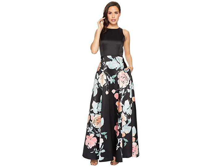 Tahari By Asl Mikado Fit And Flare Floral Bottom Gown (black/blush/sage) Women's Dress