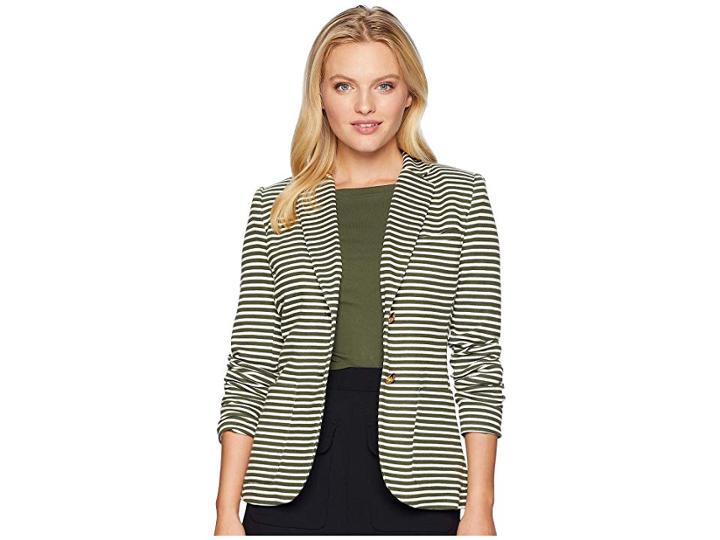 Lauren Ralph Lauren Petite Striped Pique Blazer (admiral Green/mascarpone Cream) Women's Jacket