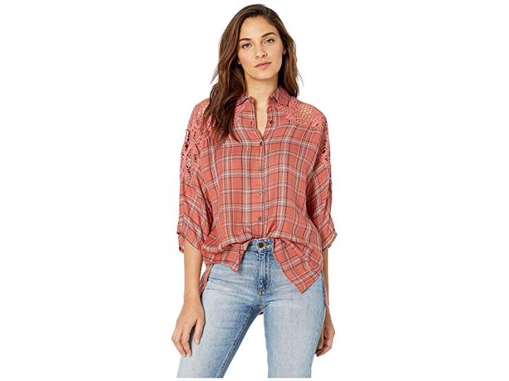 Angie Crochet Sleeve Flannel Top (brick) Women's Clothing