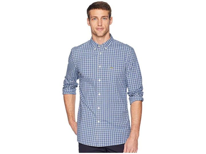 Lacoste Long Sleeve Slim Fit Checkered Stretch Poplin (iodine) Men's Sweater