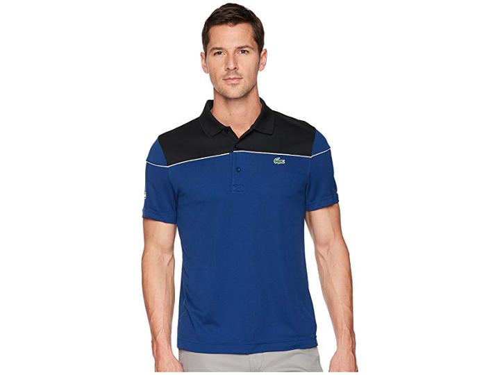 Lacoste Short Sleeve Pique Ultra Dry W/ Color Block Yoke Contrast Piping (black/marino/white) Men's Short Sleeve Pullover
