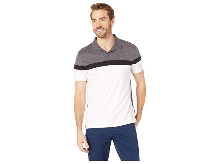 Calvin Klein Short Sleeve Color Blocked Button Placket Polo (steel Grey Heather) Men's Clothing
