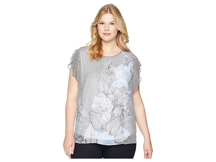 Vince Camuto Specialty Size Plus Size Flutter Sleeve Etched Island Floral Blouse (rich Black) Women's Blouse