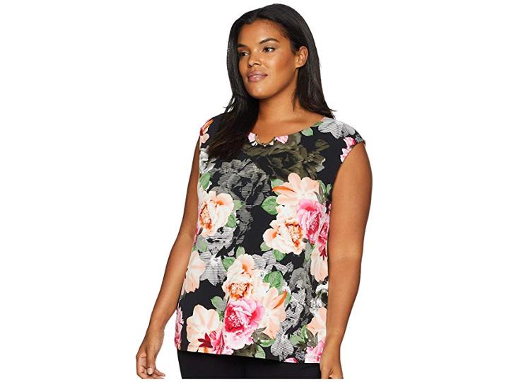 Calvin Klein Plus Plus Size Printed Sleeveless Top With U Hardware (black Floral) Women's Sleeveless