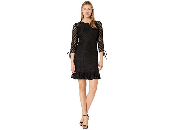 Nine West Lace 3/4 Sleeve Dress With Binding And Faggoting Details (black) Women's Dress