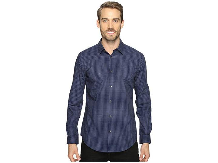 Calvin Klein Slim Fit Long Sleeve Infinite Cool Button Down Check Shirt (knight Blue) Men's Clothing