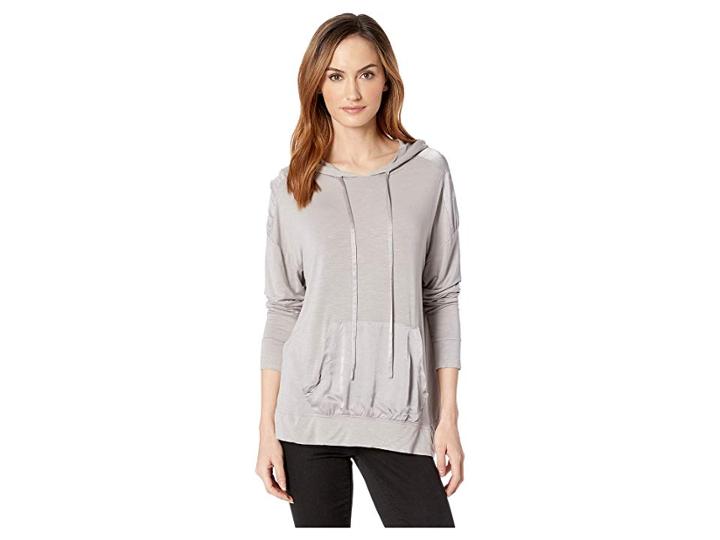 Mod-o-doc Rayon Spandex Slub Jersey Long Sleeve Hooded Tee With Satin Trim (silverstone) Women's T Shirt