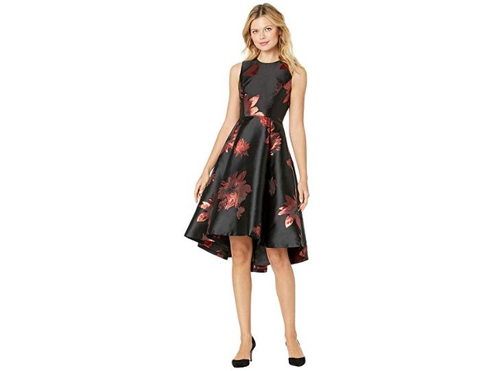 Calvin Klein Flower Print Brocade A-line Dress Cd8l14yu (black/red) Women's Dress