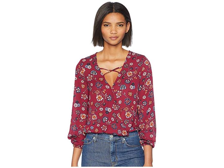 Jack By Bb Dakota Allora Folkloric Wildflower Printed Crepe De Chine Top (light Burgundy) Women's Clothing