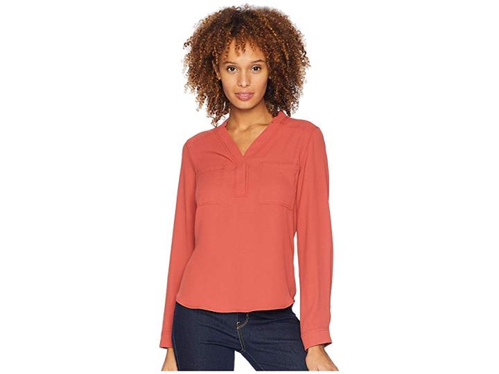 Nine West Long Sleeve Lightweight Crepe Two-pocket Blouse (cinnamon) Women's Blouse