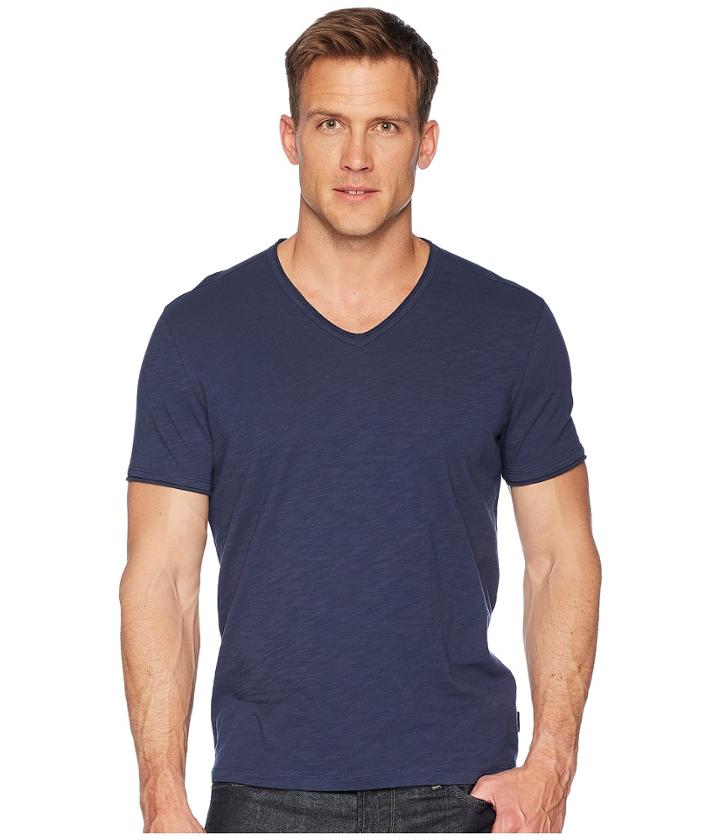 John Varvatos Star U.s.a. Short Sleeve Slub V-neck With Cut Raw Edge K3595u1b (oiled Blue) Men's Clothing