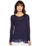 Michael Michael Kors Woven Mix Double Hem Top (true Navy) Women's Long Sleeve Pullover