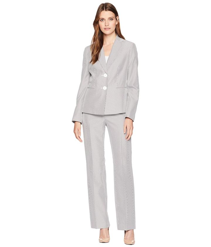 Le Suit Seersucker Two-button Peak Lapel Pants Suit (white/black) Women's Suits Sets