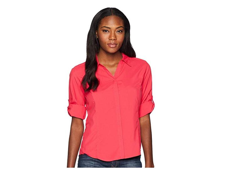 Royal Robbins Expedition Chill Stretch 3/4 Sleeve Top (rose Red) Women's Long Sleeve Button Up