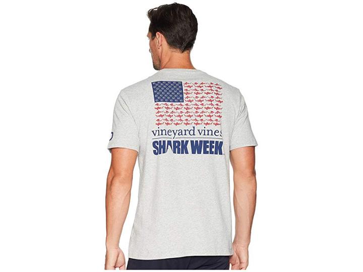 Vineyard Vines Shark Week Sharks And Stripes Pocket T-shirt (gray Hether) Men's T Shirt