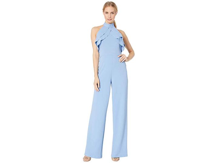 Bebe Ruffle Halter Neck Jumpsuit (blue) Women's Jumpsuit & Rompers One Piece