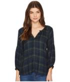 Michael Stars Plaid 3/4 Sleeve Split-neck Top (nocturnal/forest) Women's Clothing