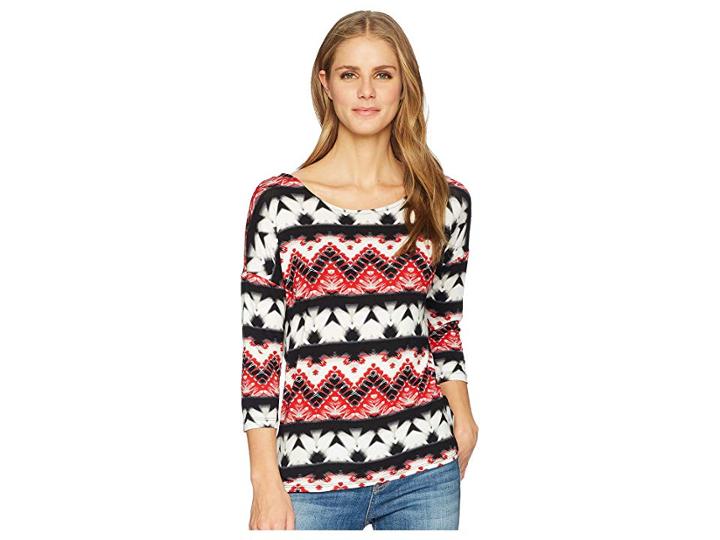 Tribal Printed Jersey Crew Neck Top With Fooler Back (scarlet) Women's Clothing