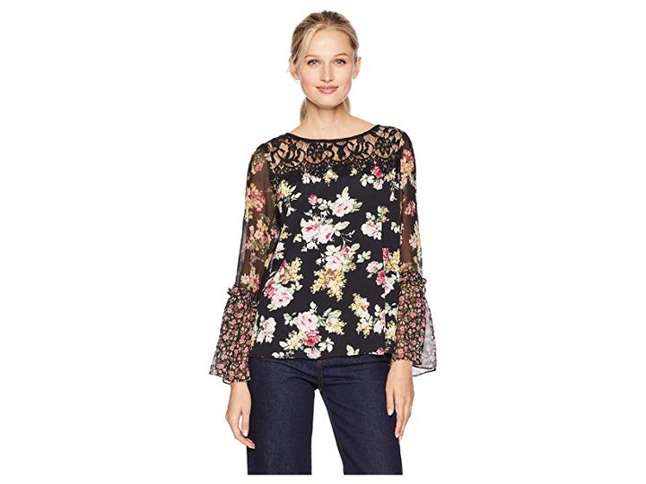 Karen Kane Contrast Lacy Yoke Top (print) Women's Clothing