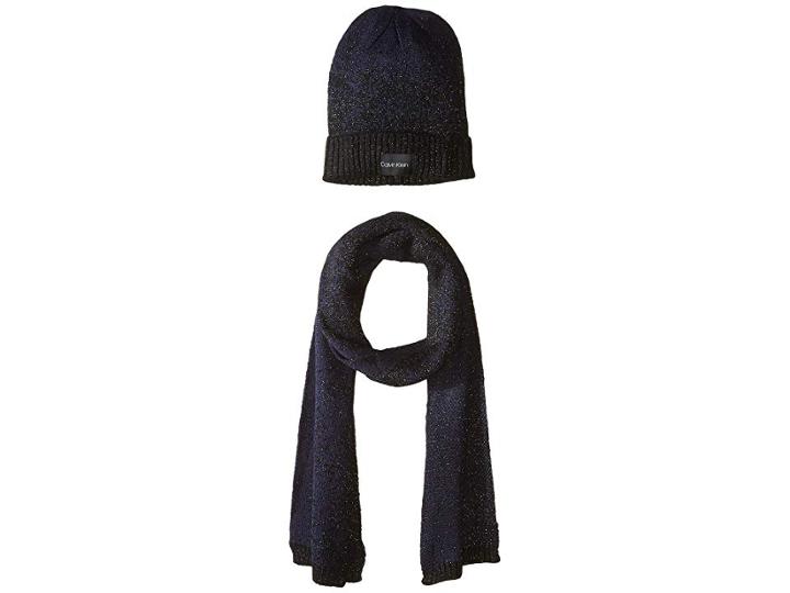 Calvin Klein Lurex Sparkle/beanie Muffler Two-piece Set (navy) Scarves