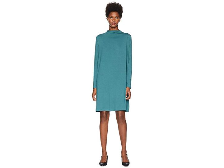 Eileen Fisher Lightweight Viscose Jersey Mock Neck Dress With Shoulder Pleat (dragonfly) Women's Dress