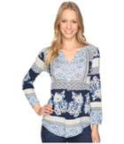 Lucky Brand Printed Knit Top (blue Multi) Women's Clothing