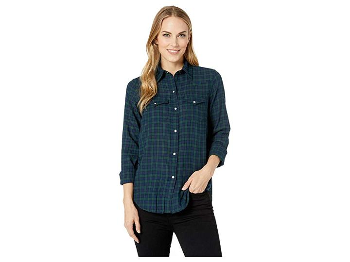 Chaps Yarn-dye Twill Long Sleeve Shirt (blue Multi) Women's Clothing